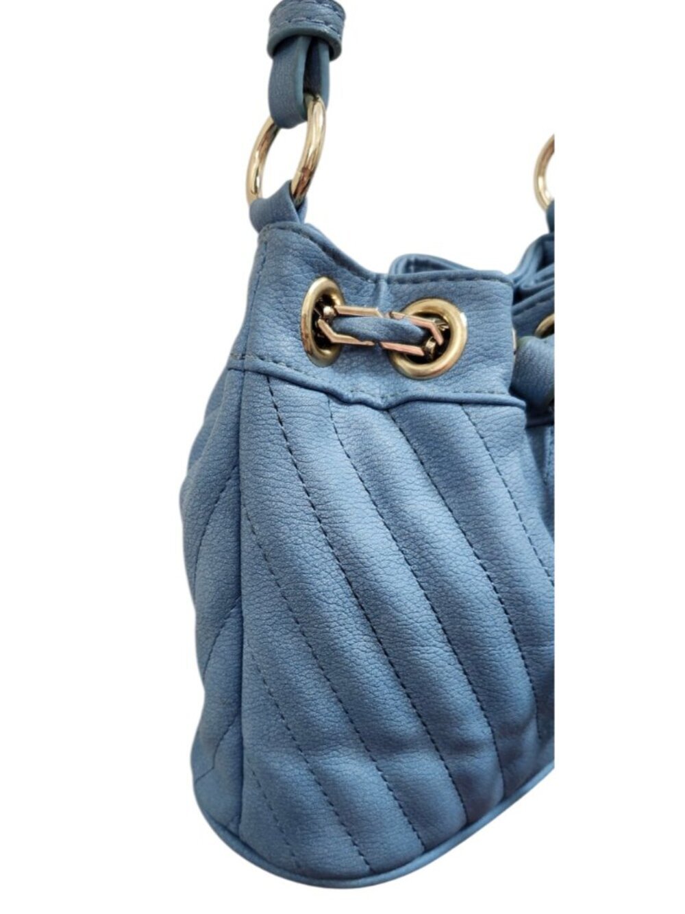 Free People Blue Faux Leather Mini Bucket Bag Gold Chain Drawstring Crossbody - Picture 6 of 14
